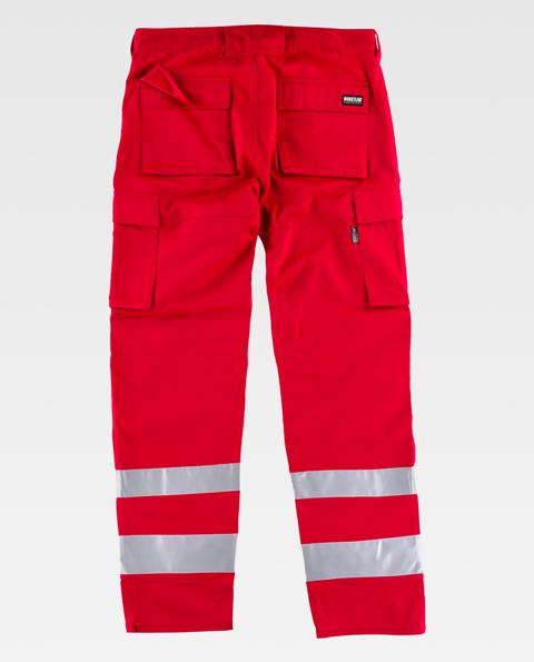 Pantalón de trabajo reforzado y resistente de visibilidad realzada con bandas reflectantes de alta visibilidad multibolsillos personalizable para empresas en uniforma de color rojo
