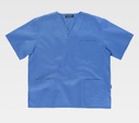 Casaca medico sanitaria cuello pico de manga corta y bolsillos personalizable con logo de empresa de color azul celeste  - TB9200