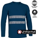 Camiseta de trabajo de manga larga azul marino de algodón 100% con bandas reflectantes y de alta visibilidad del tipo segmentadas personalizables para empresas en uniforma