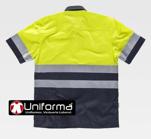 Camisa de trabajo reflectante de alta visibilidad en manga corta personalizable con logo de empresa en uniforma de color amarillo fluor